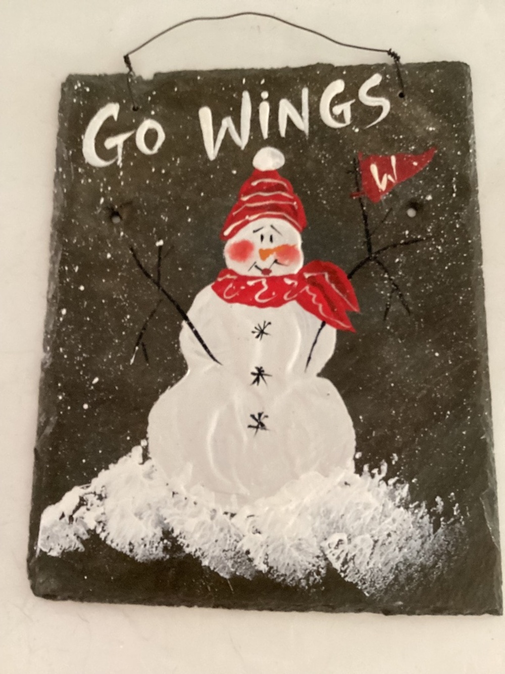 Red Wings “ Go Wings” Snowman Plaque handpainted on slate.